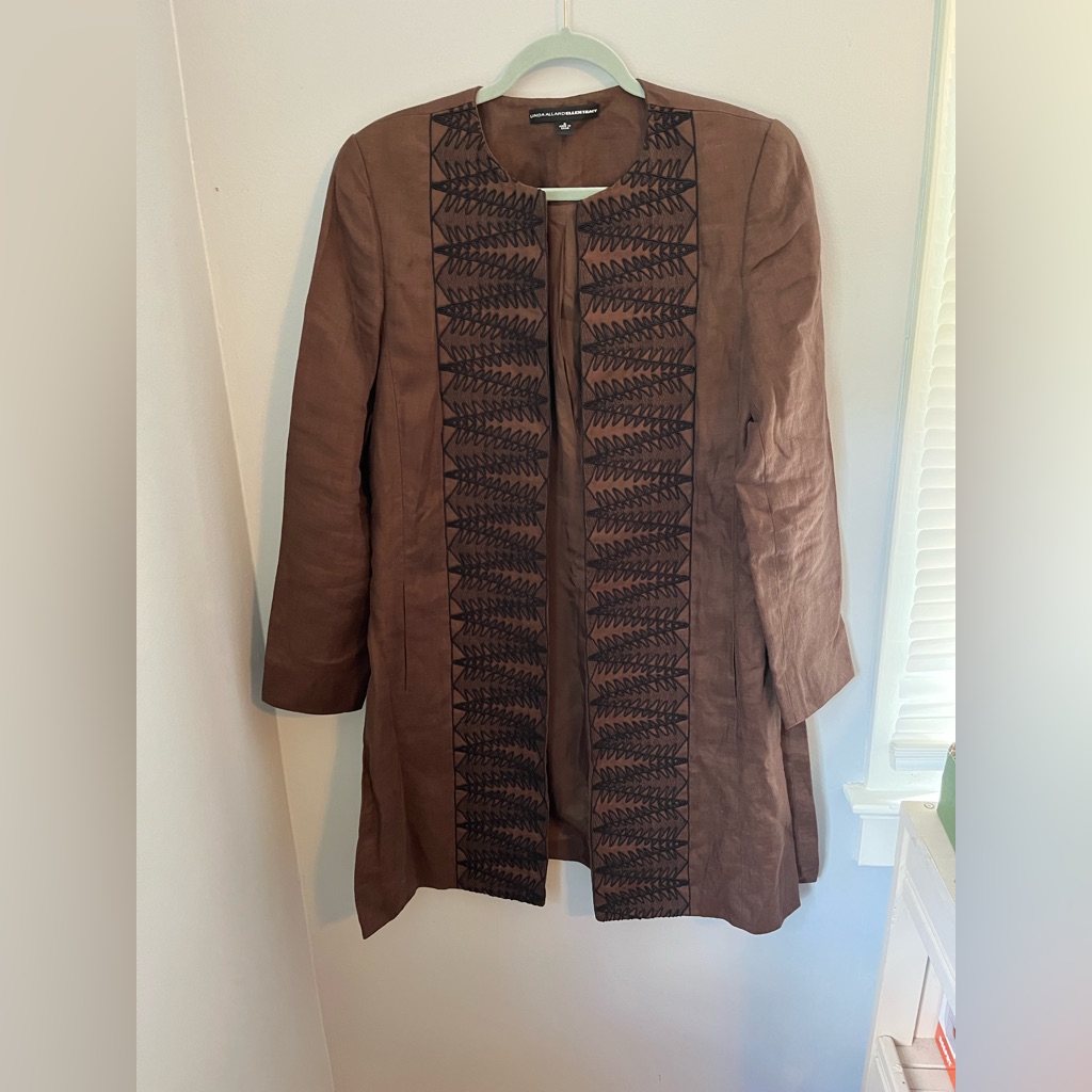 Elegant Brown Women's Blazer With Black Embroider, 100% Linen